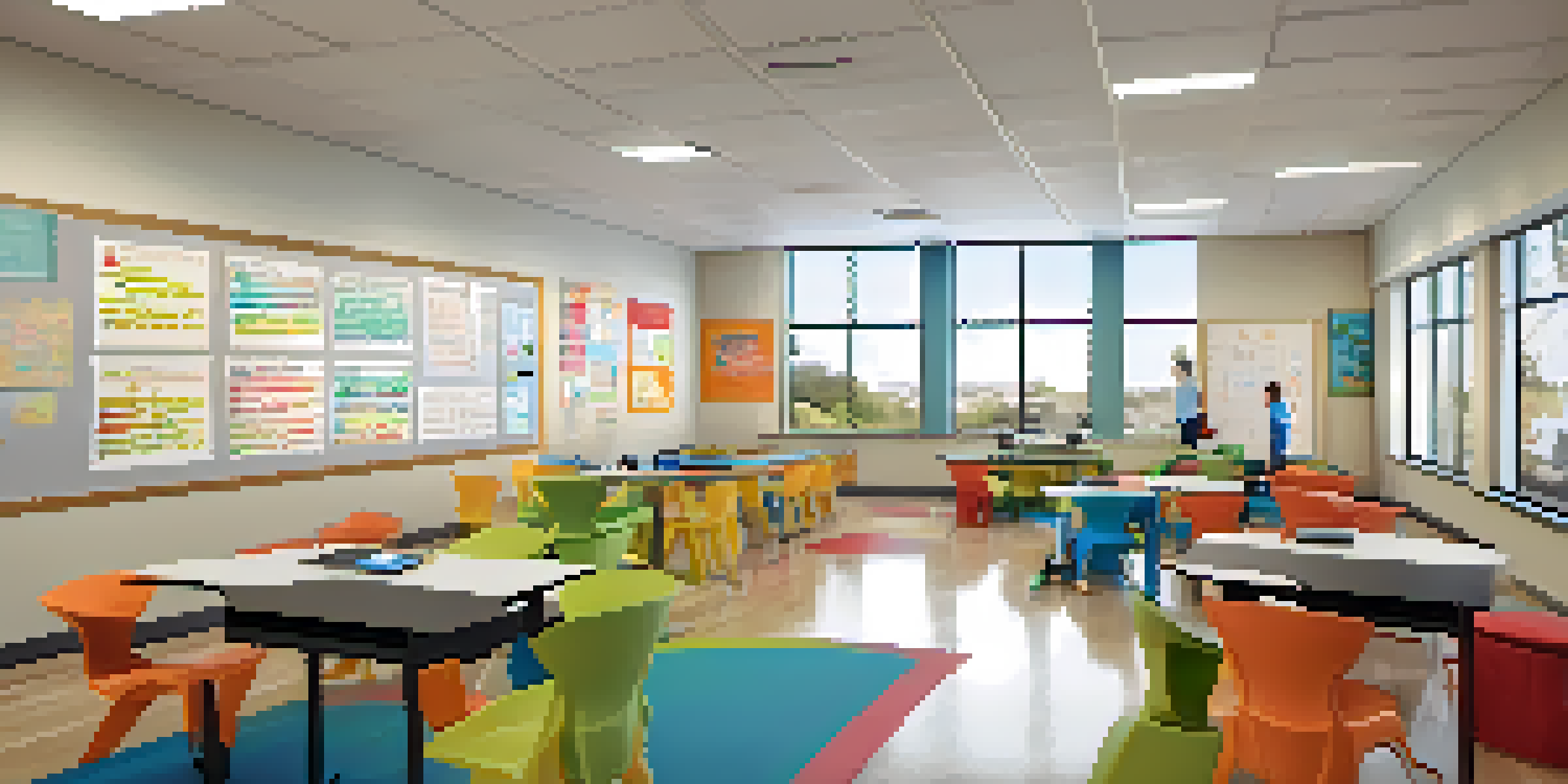 A vibrant and flexible classroom with students collaborating on projects, using digital tools and colorful furniture.