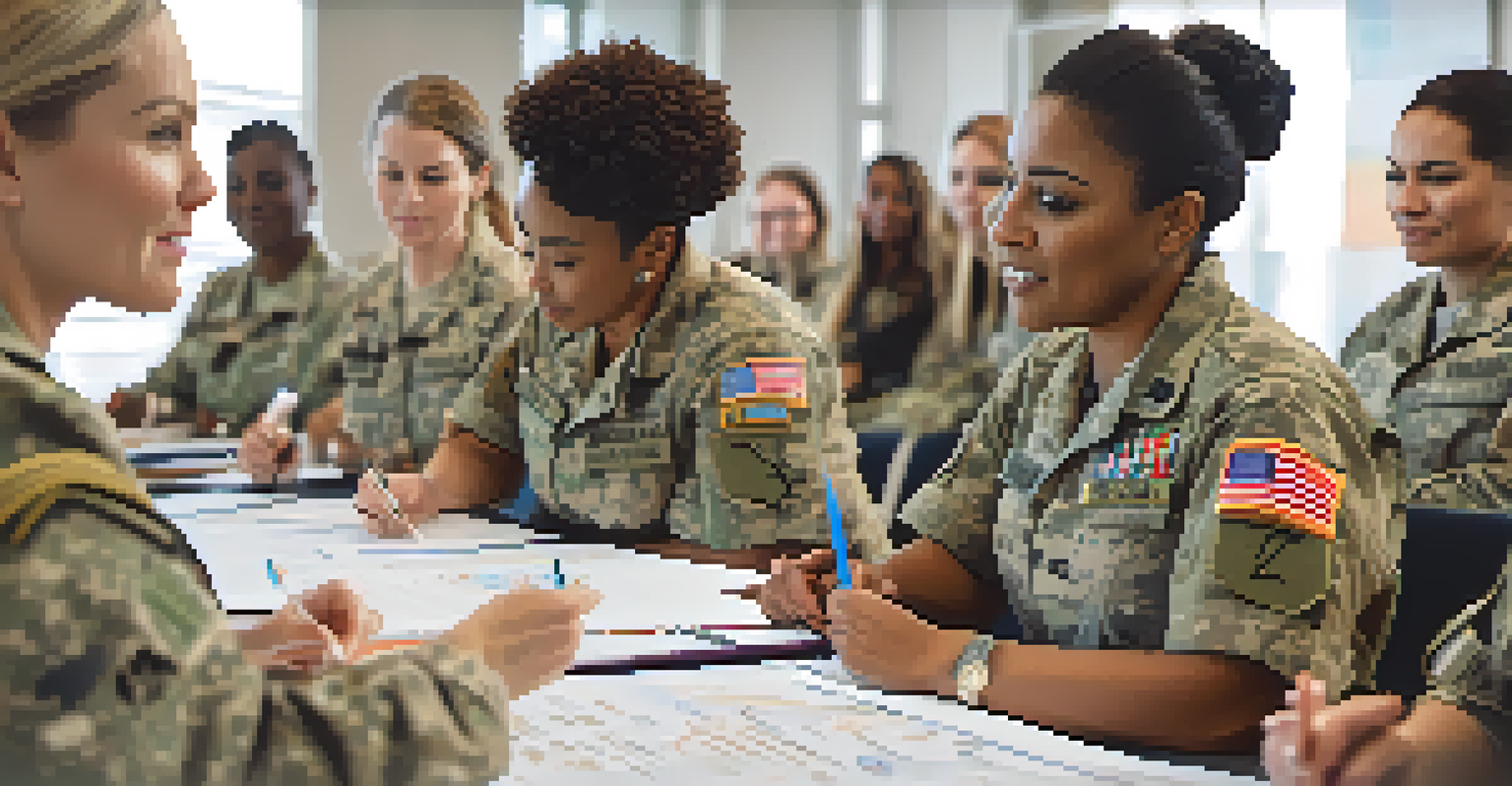 Diverse female service members participating in a leadership workshop in a conference room, discussing and supporting each other.