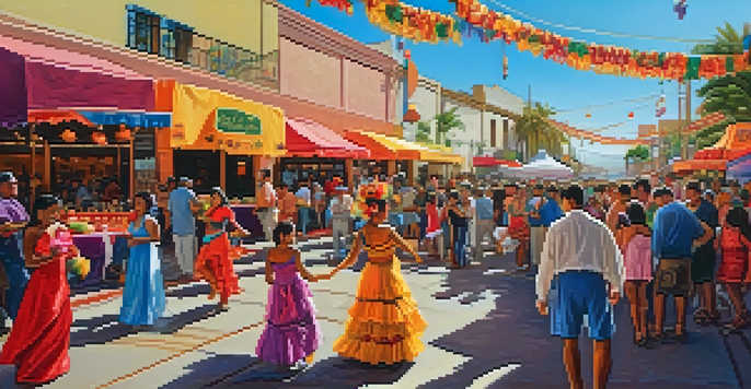 A lively San Diego fiesta scene with colorful decorations, traditional dancers, and food stalls under bright sunlight.