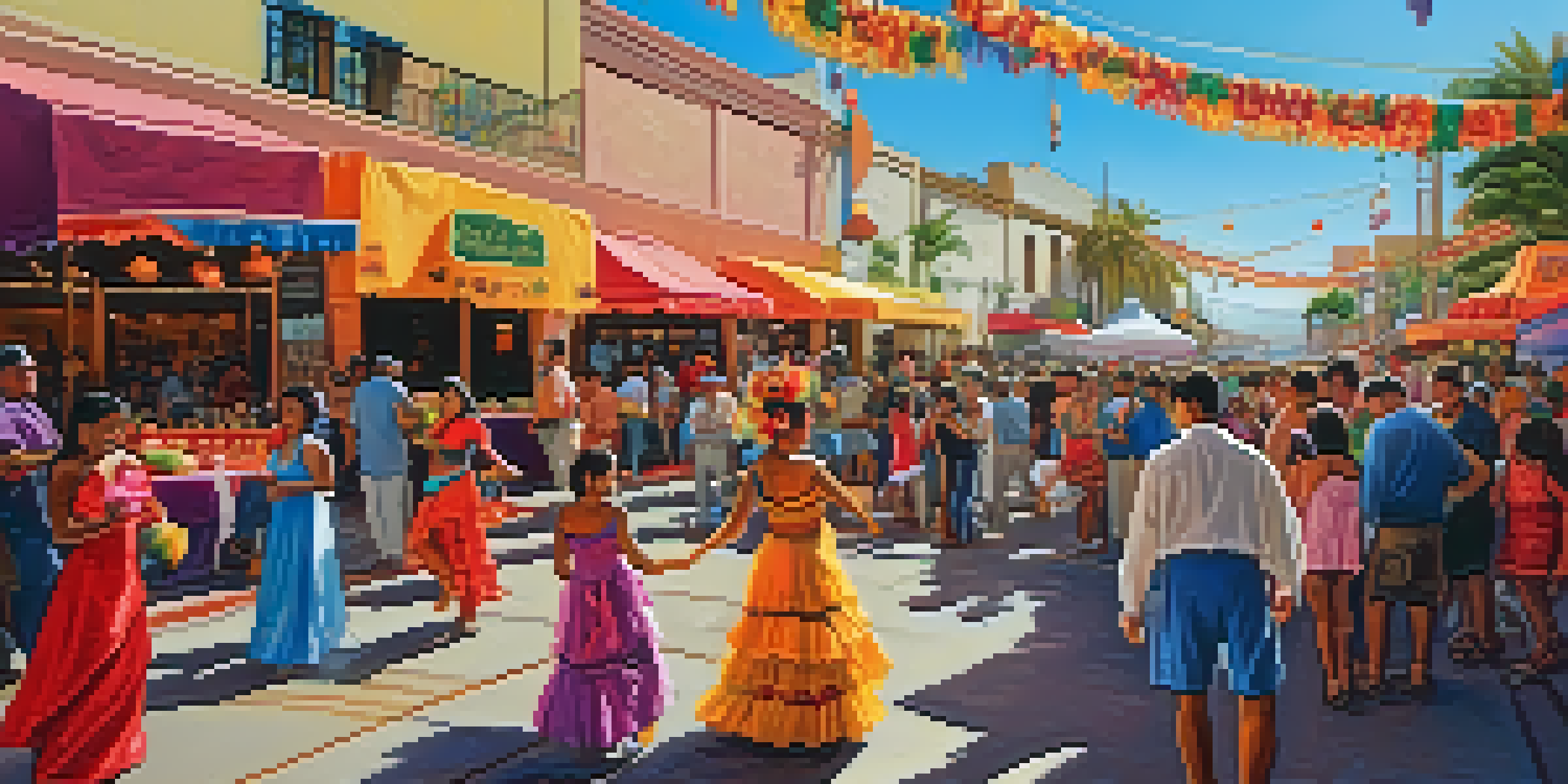 A lively San Diego fiesta scene with colorful decorations, traditional dancers, and food stalls under bright sunlight.