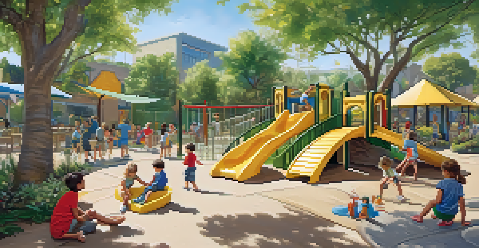 Children play outdoors in a sunny museum play area with climbing structures and a sandbox, surrounded by greenery.