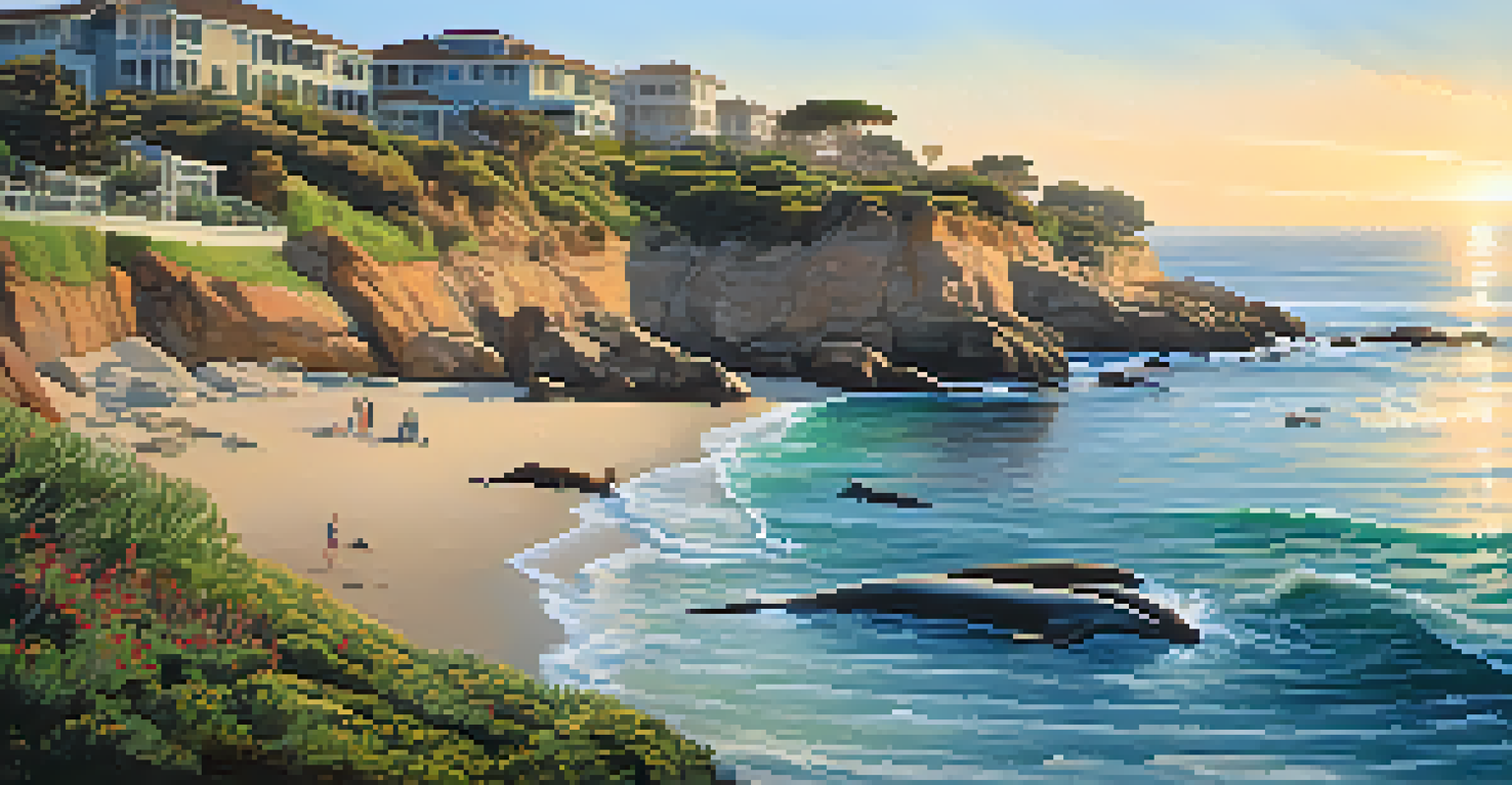 A coastal trail at La Jolla Shores with people walking, sea lions, and seals during a sunset, highlighting marine life and greenery.