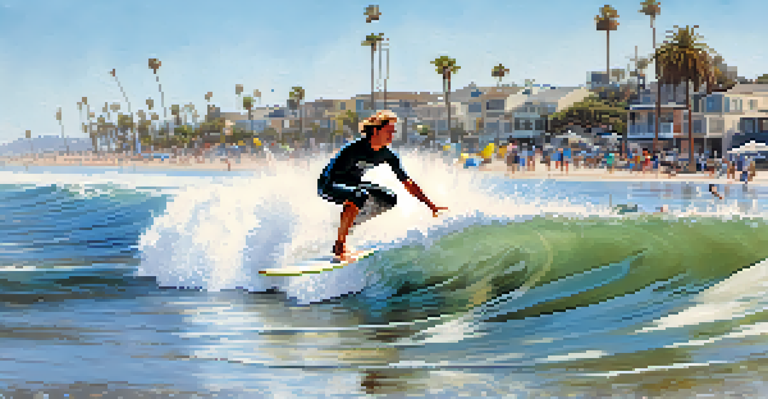 A beginner surfer riding a small wave at Mission Beach, showing a joyful expression with splashes of water around them.
