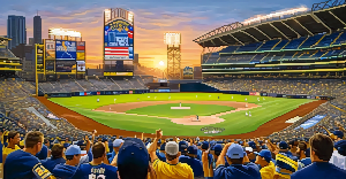 A lively baseball game at Petco Park with excited fans in Padres jerseys, colorful flags, and a bright sunset illuminating the stadium.