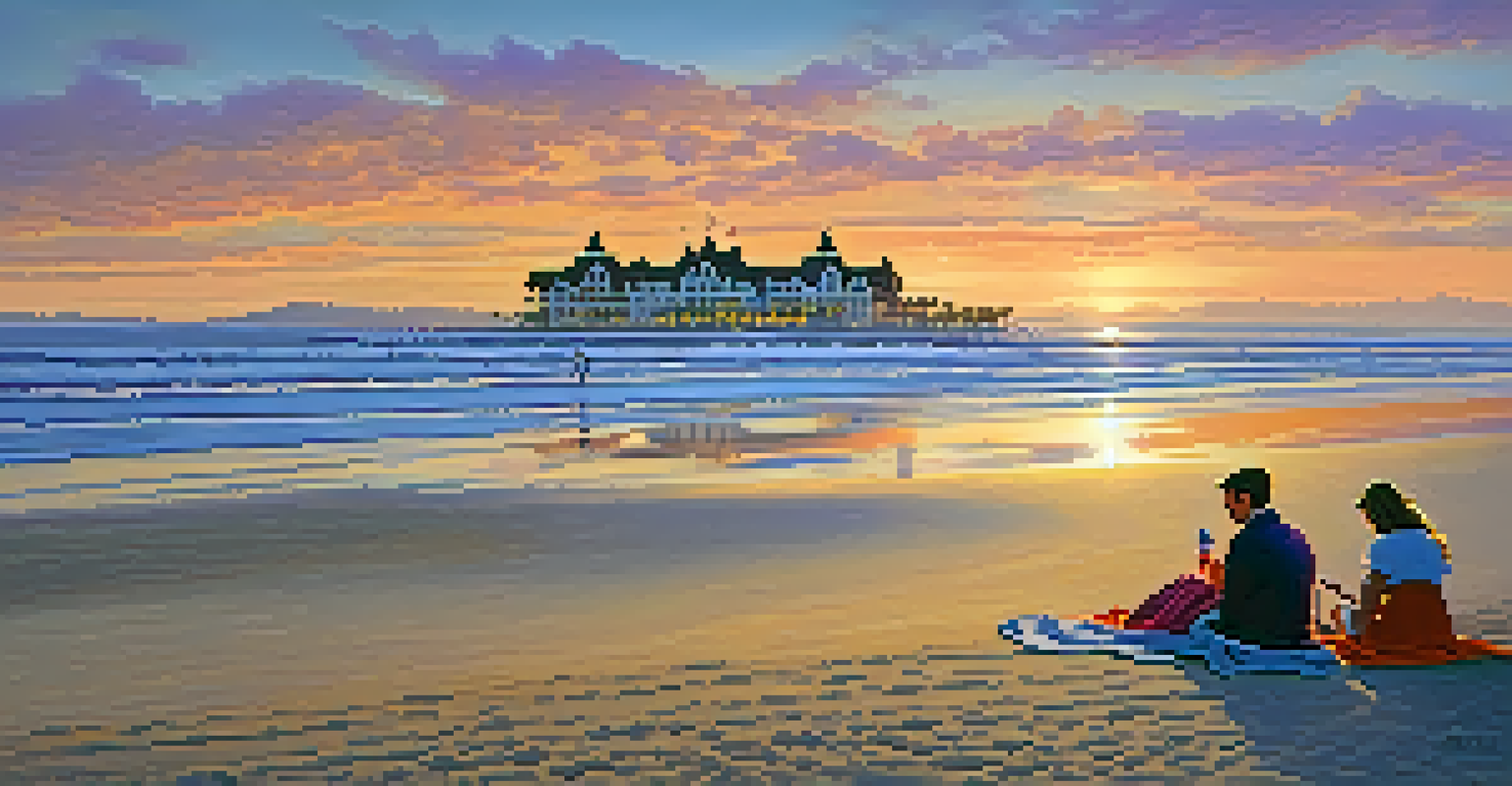 A romantic sunset at Coronado Beach with couples walking on soft sand, the Hotel del Coronado in the background, and vibrant sunset colors.