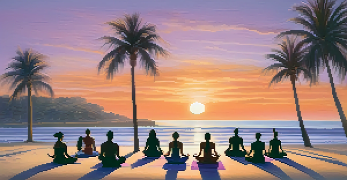A peaceful beach at sunset with yoga practitioners in different poses on the sand, surrounded by palm trees and ocean waves.