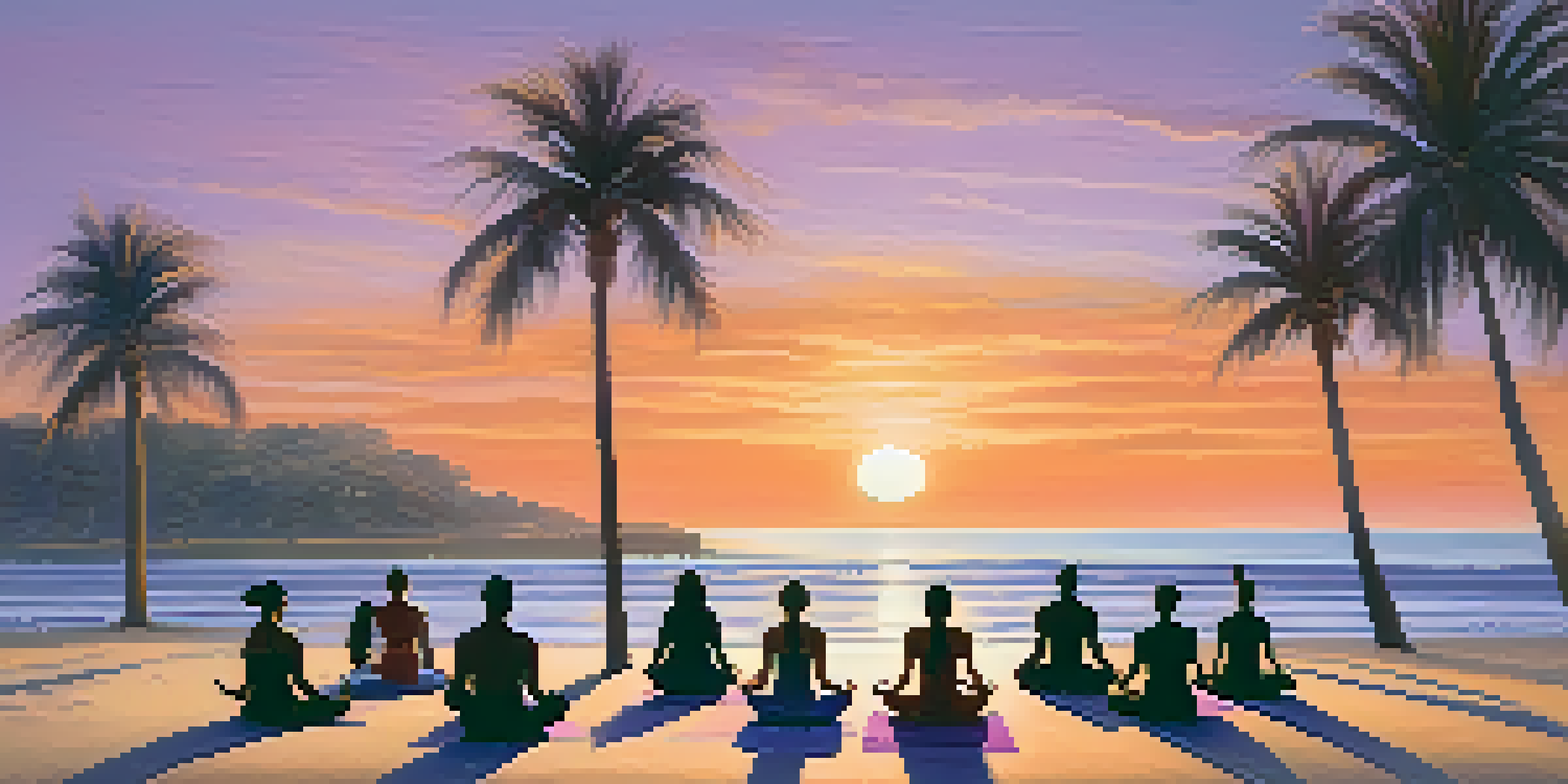 A peaceful beach at sunset with yoga practitioners in different poses on the sand, surrounded by palm trees and ocean waves.