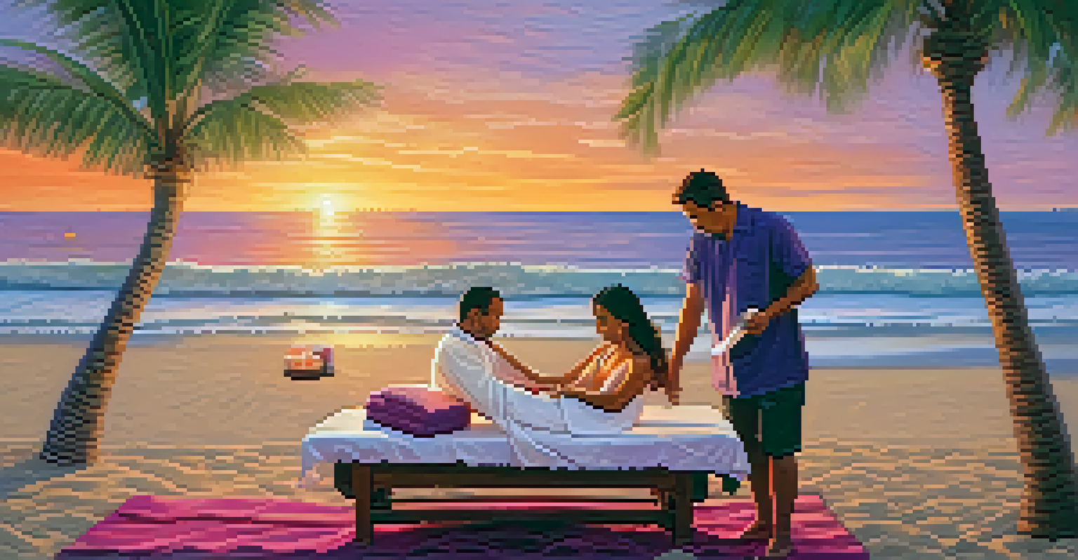 A beachside massage at sunset with vibrant sky colors and gentle waves in the background.