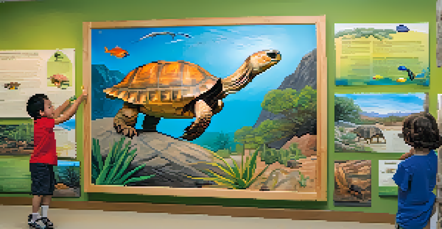 Families interacting with an educational exhibit about endangered species at a wildlife center, with a poster of a desert tortoise.