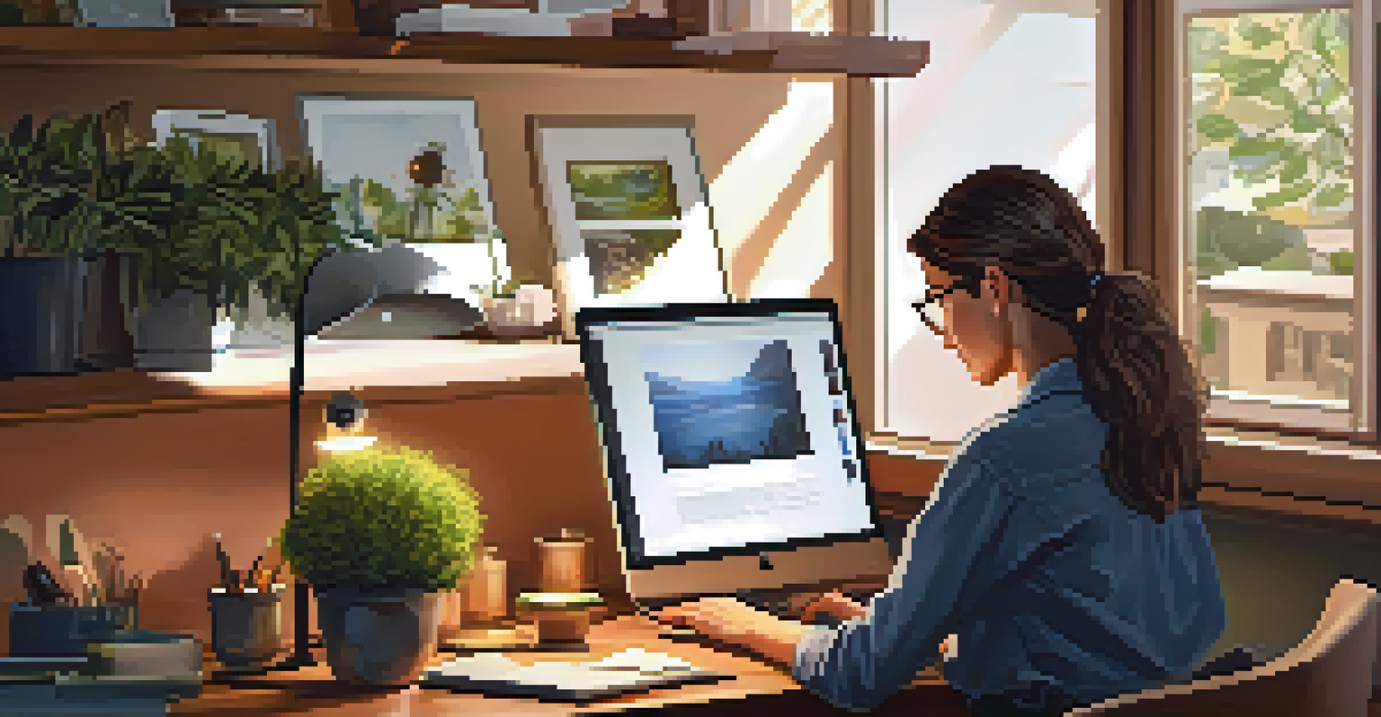A woman working intently on a laptop in a cozy home office filled with personal touches and warm lighting.