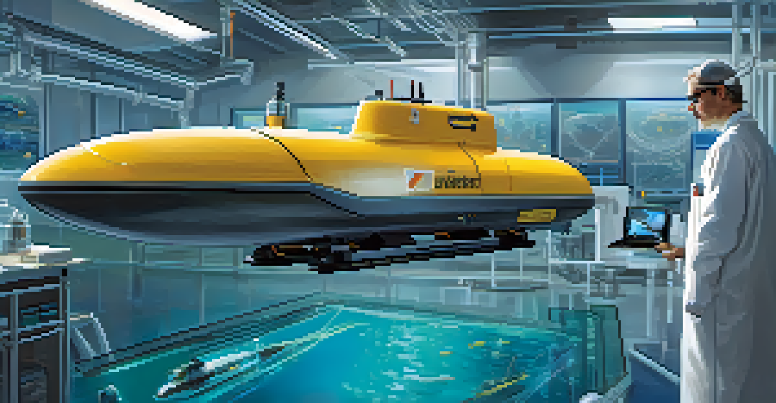 A researcher in a lab with an autonomous underwater vehicle, focused on a computer screen with data.