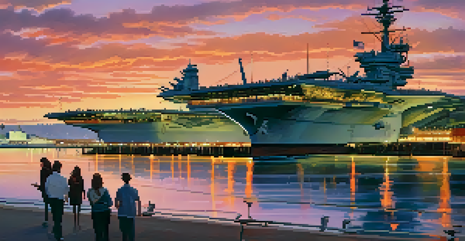 The USS Midway Museum in San Diego at sunset, with colorful skies and people walking along the waterfront.