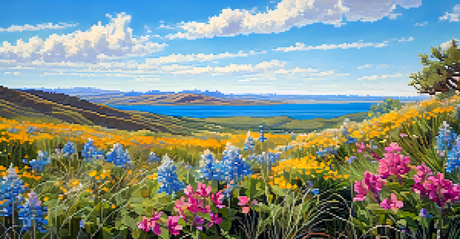 Close-up of vibrant wildflowers along Sweetwater Loop trail with Sweetwater Reservoir in the background.