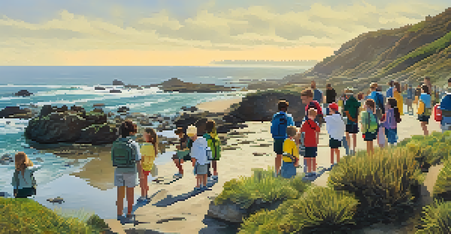 A guide teaching children about tide pool ecosystems at Cabrillo National Monument, surrounded by marine life.