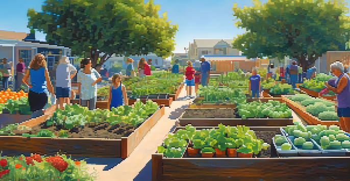A lively community garden filled with people of various ages tending to colorful fruits and vegetables under a sunny sky.