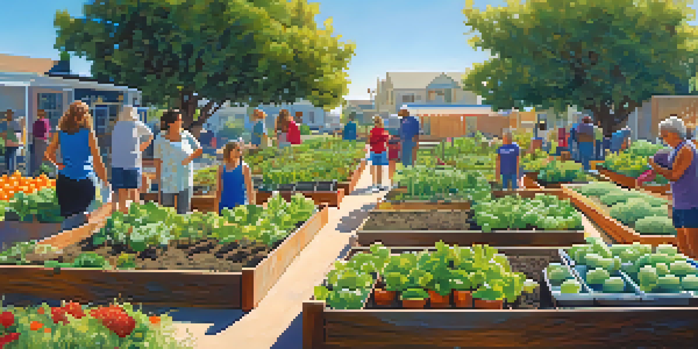 A lively community garden filled with people of various ages tending to colorful fruits and vegetables under a sunny sky.