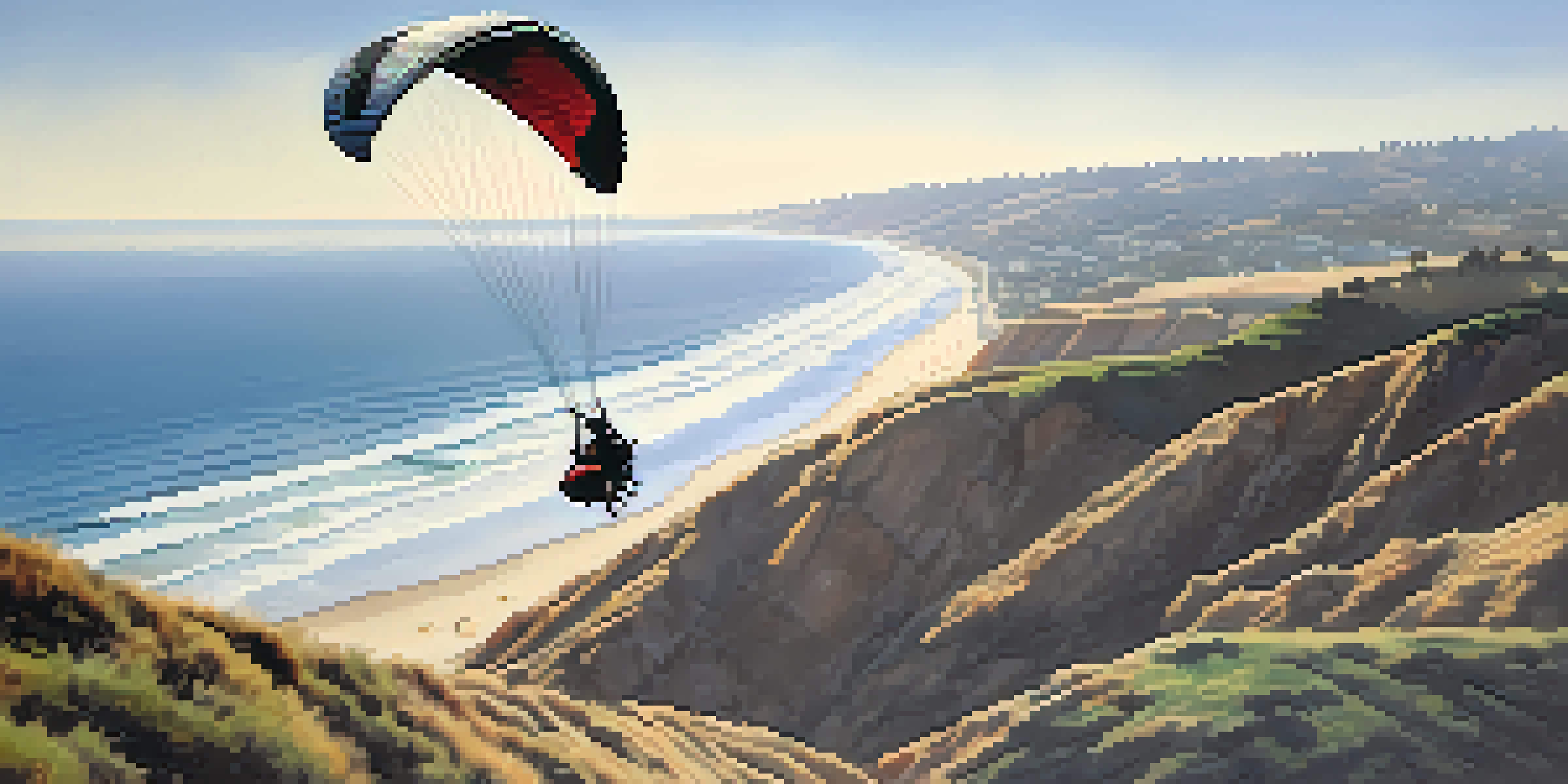 An aerial view of a paraglider above Torrey Pines cliffs, with ocean and surfers visible in the distance.