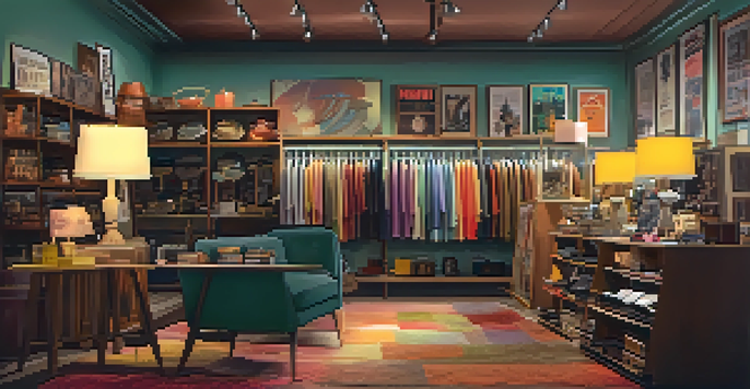 Interior of a vintage shop with clothing racks, vinyl records, and lamps, all bathed in warm lighting.