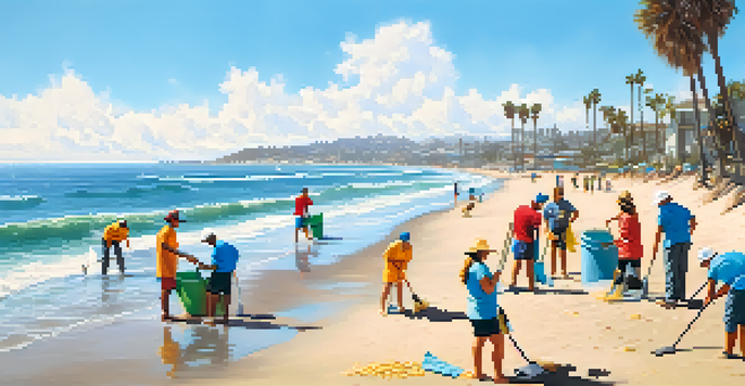 Volunteers of various backgrounds working together to clean a sunny San Diego beach, surrounded by palm trees and a clear blue sky.