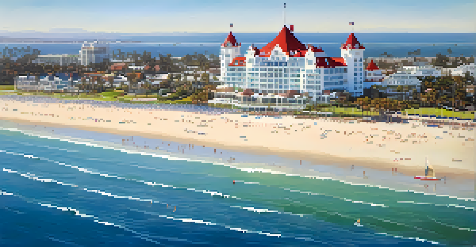 Aerial view of Coronado Beach with soft sand and gentle waves, featuring the iconic Hotel del Coronado in the background.