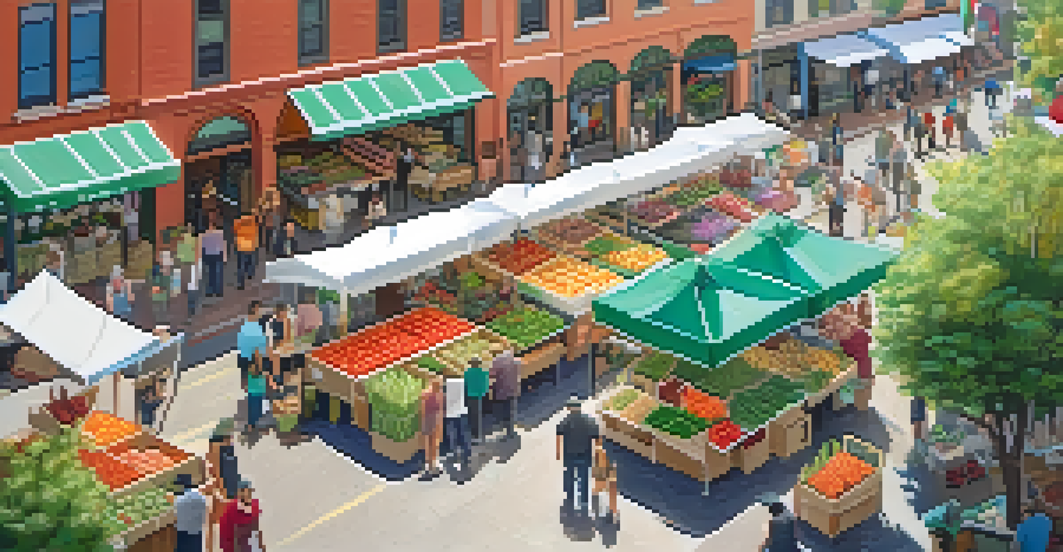 An aerial view of the Little Italy Farmers Market, showcasing stalls of fresh produce and shoppers engaging with local vendors.