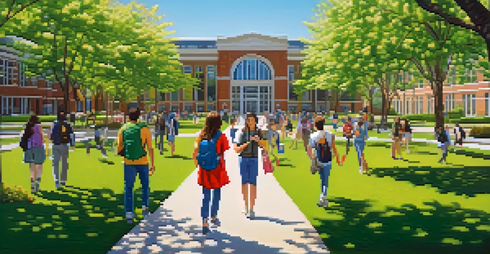 A busy university campus with diverse students walking and studying on a sunny day, surrounded by greenery and modern buildings.