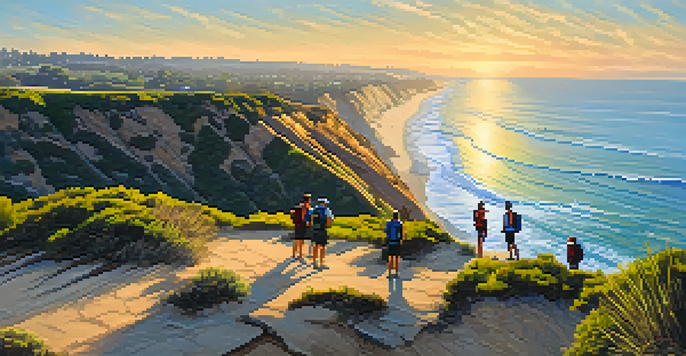 A sunset view from the cliffs of Torrey Pines with the Pacific Ocean in the background and hikers enjoying the scenery.