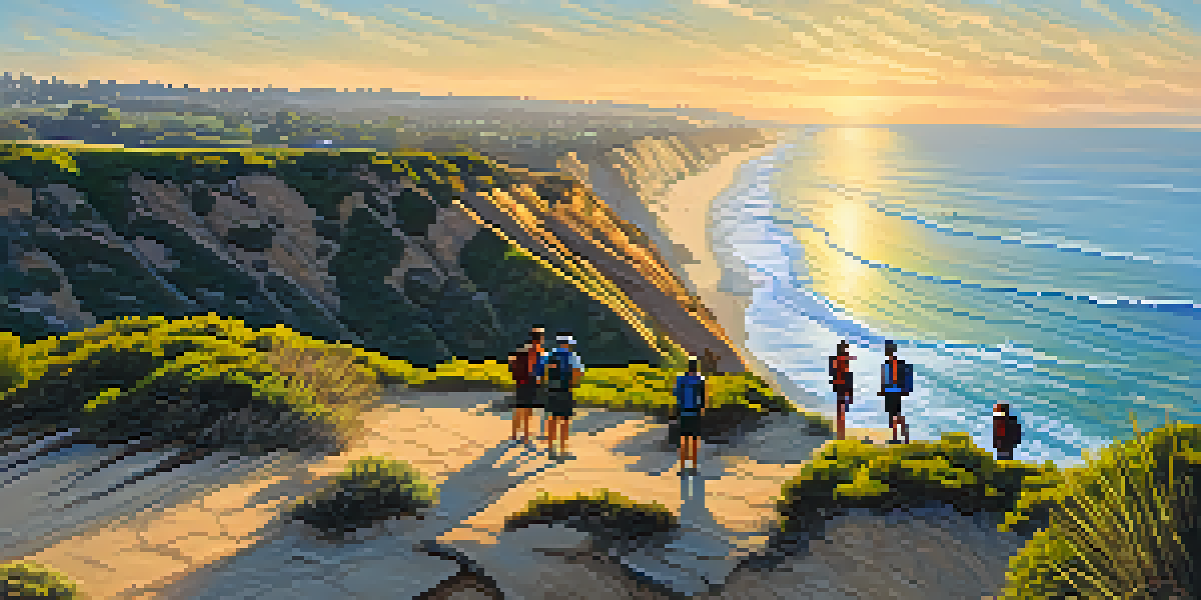 A sunset view from the cliffs of Torrey Pines with the Pacific Ocean in the background and hikers enjoying the scenery.