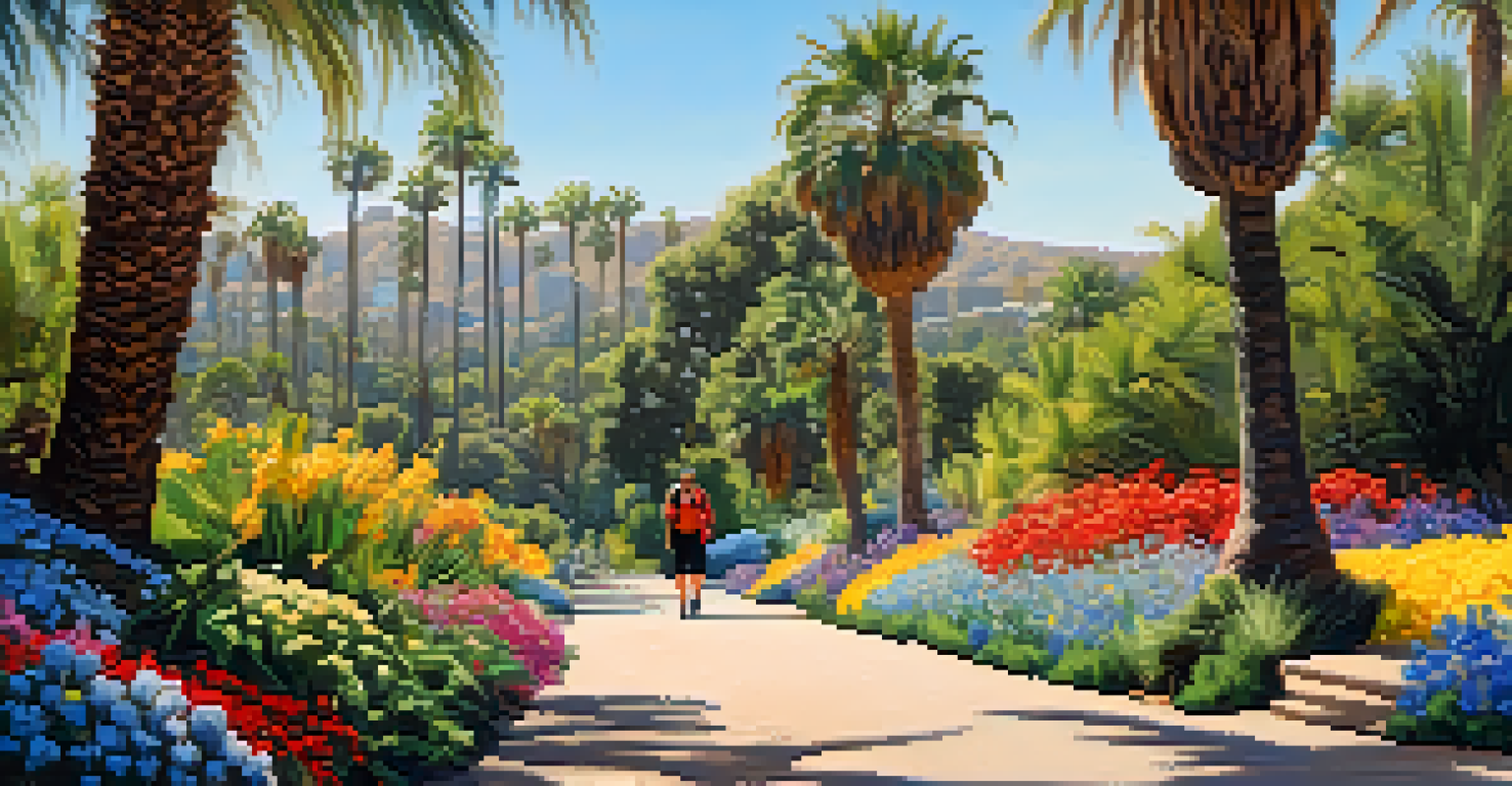 A vibrant park trail with palm trees and flowers, under a sunny blue sky, with hikers enjoying the scenery.