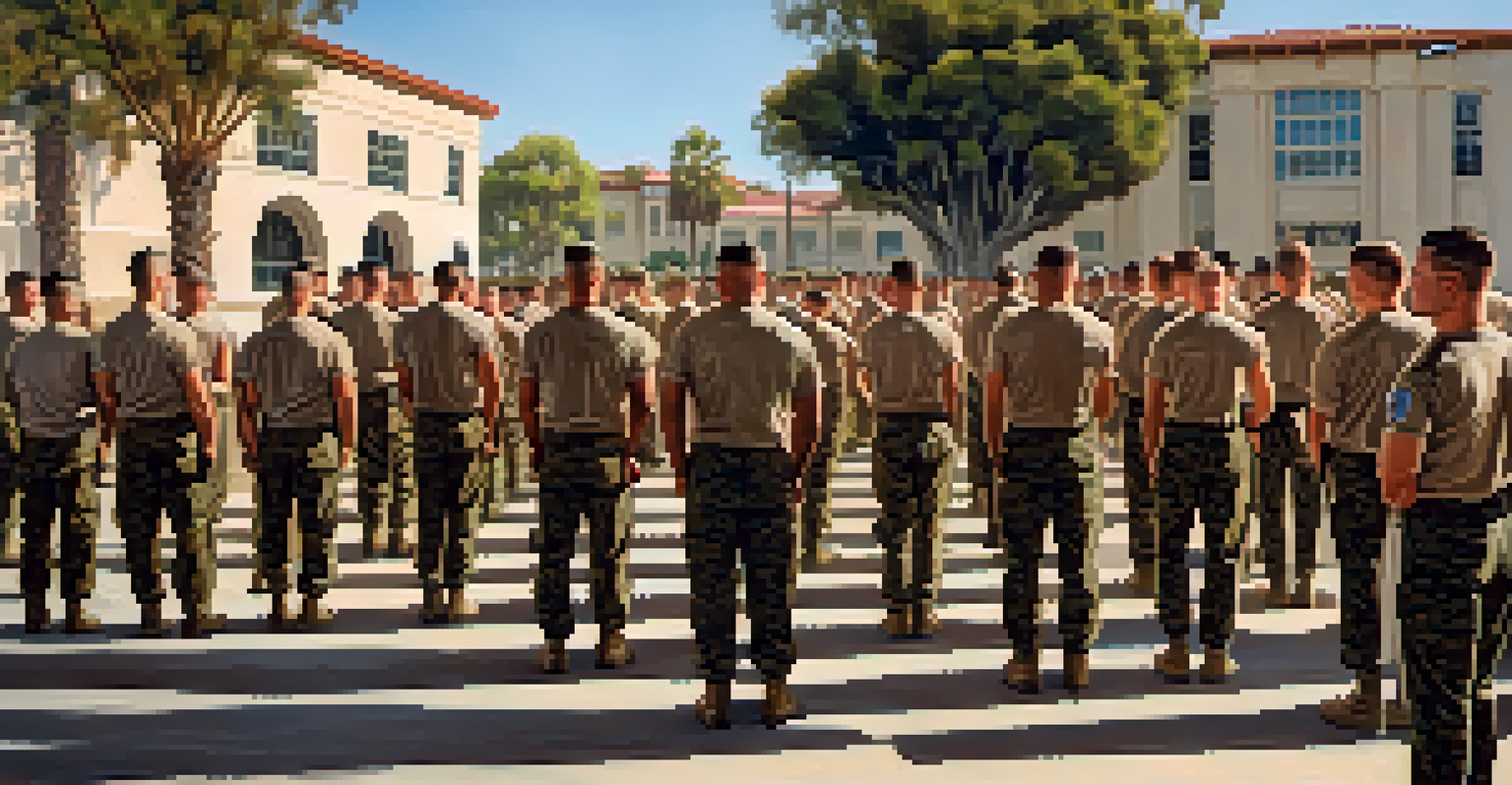Military recruits training at the Marine Corps Recruit Depot in San Diego, showing diverse individuals in uniform.