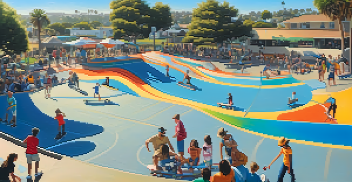 A lively skate park with skaters of various ages performing tricks, surrounded by families enjoying the atmosphere under a sunny sky.