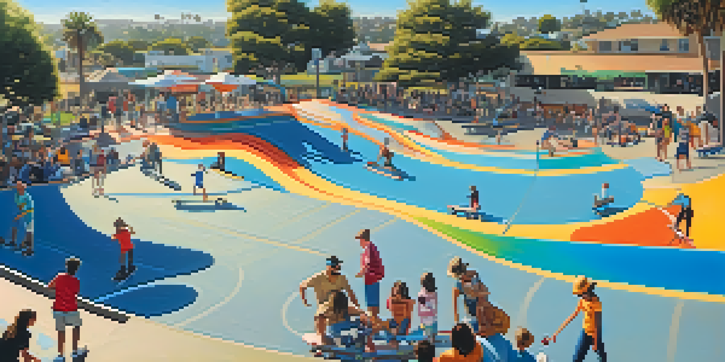 A lively skate park with skaters of various ages performing tricks, surrounded by families enjoying the atmosphere under a sunny sky.