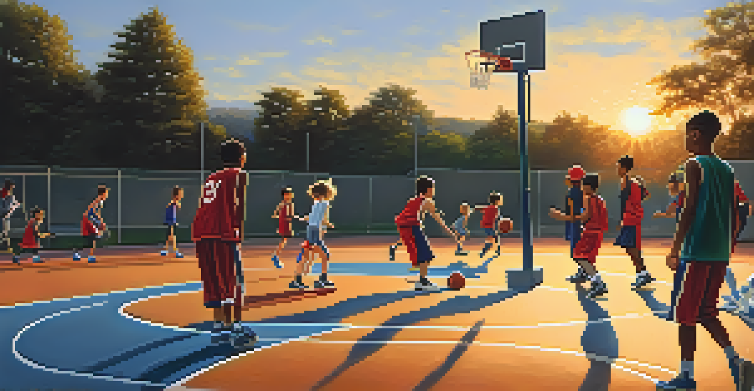 Children practicing basketball on an outdoor court during sunset, highlighting teamwork and skill development.