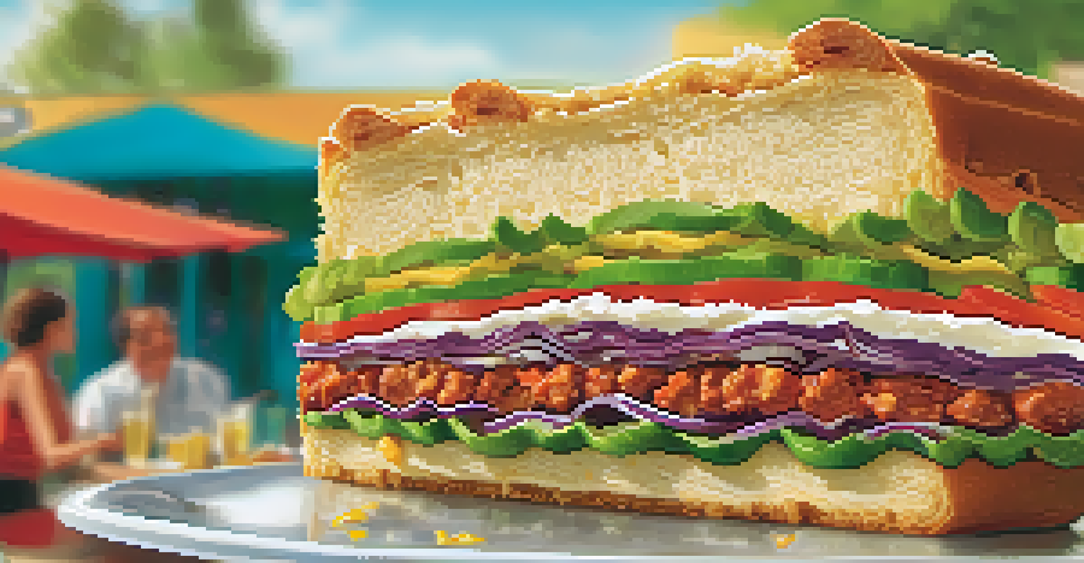 A close-up of a delicious torta sandwich with vibrant ingredients, held by a person in a bustling outdoor food market.