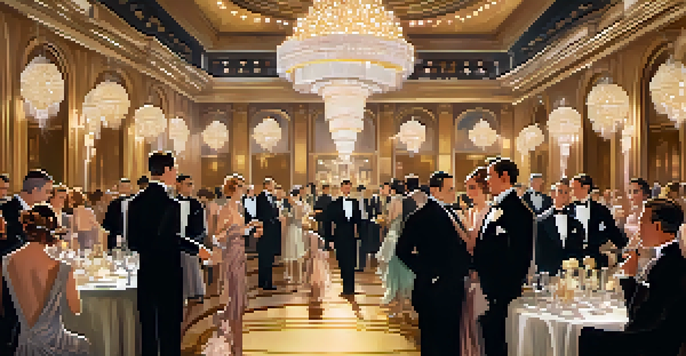 A lavish 1920s party scene with elegantly dressed men and women in vintage attire, set in a grand ballroom decorated with crystal chandeliers and golden accents.