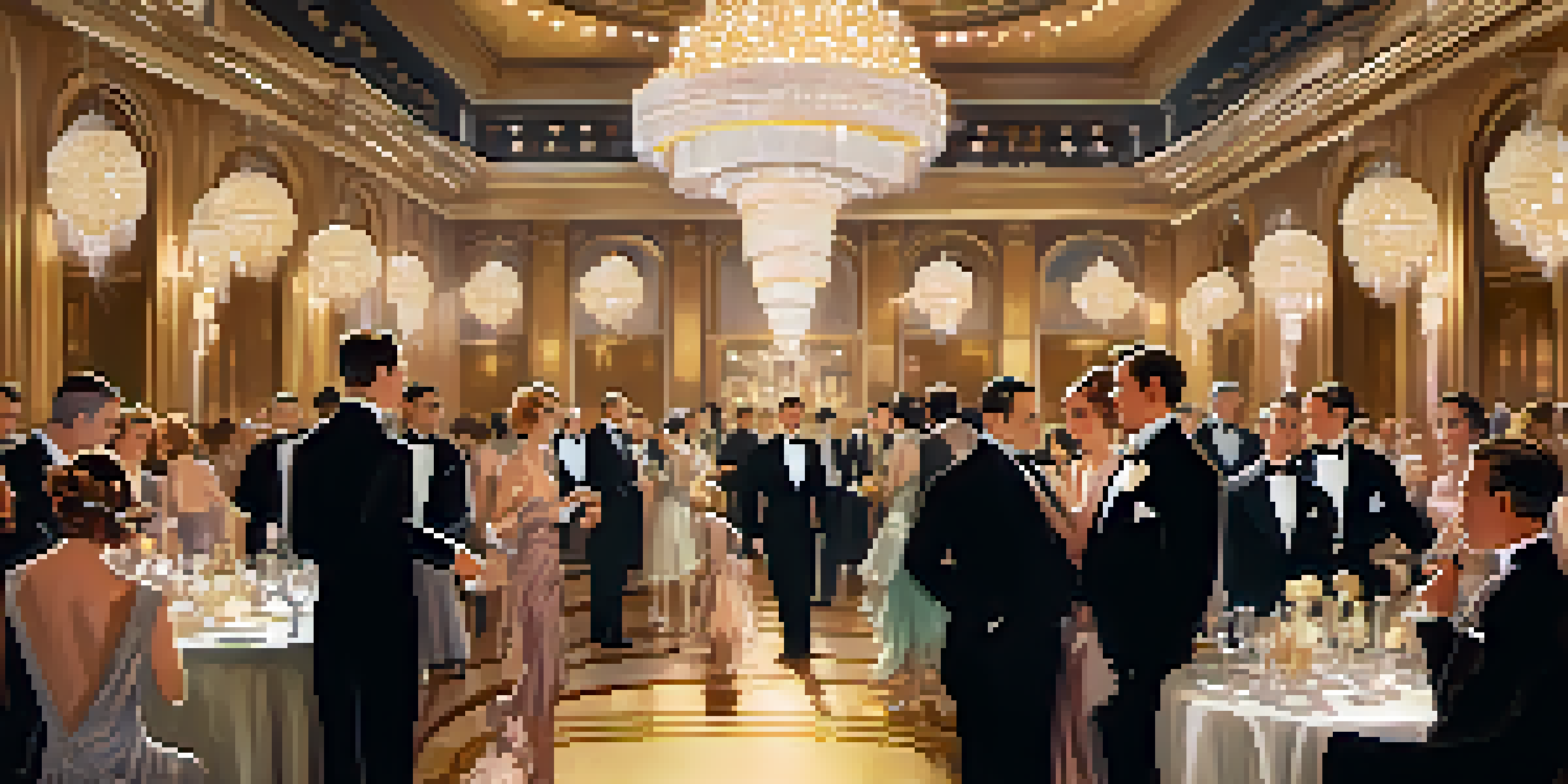 A lavish 1920s party scene with elegantly dressed men and women in vintage attire, set in a grand ballroom decorated with crystal chandeliers and golden accents.