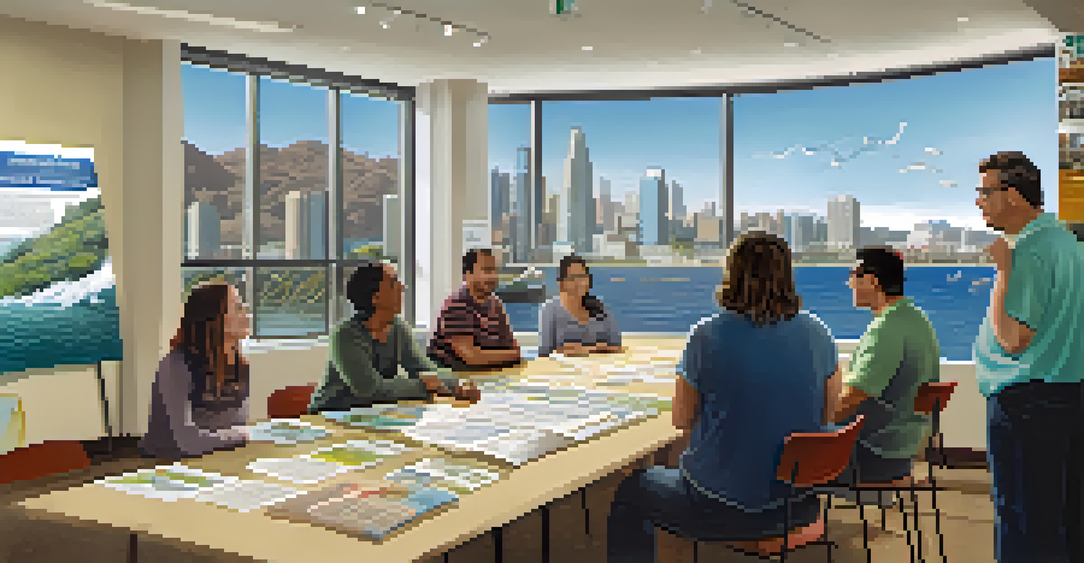 A community workshop with residents discussing hydropower projects, surrounded by informational materials and a view of the skyline.
