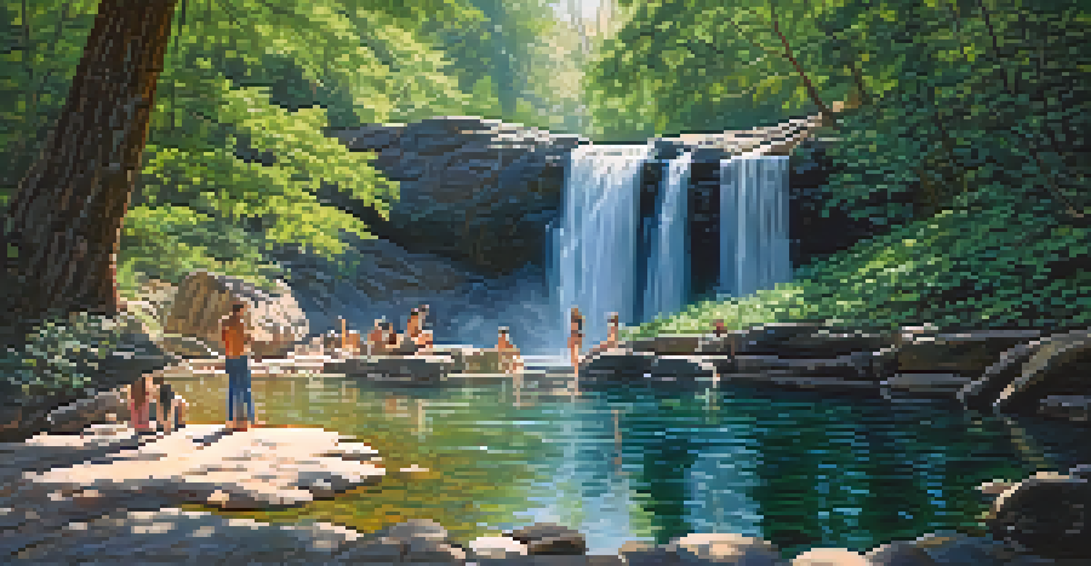 Cedar Creek Falls with a waterfall flowing into a clear pool, surrounded by lush greenery and sunlight creating dappled patterns on the water.