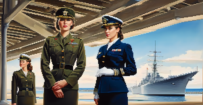 Women in military uniforms during World War II at a naval base in San Diego, engaged in training and camaraderie under a clear blue sky.