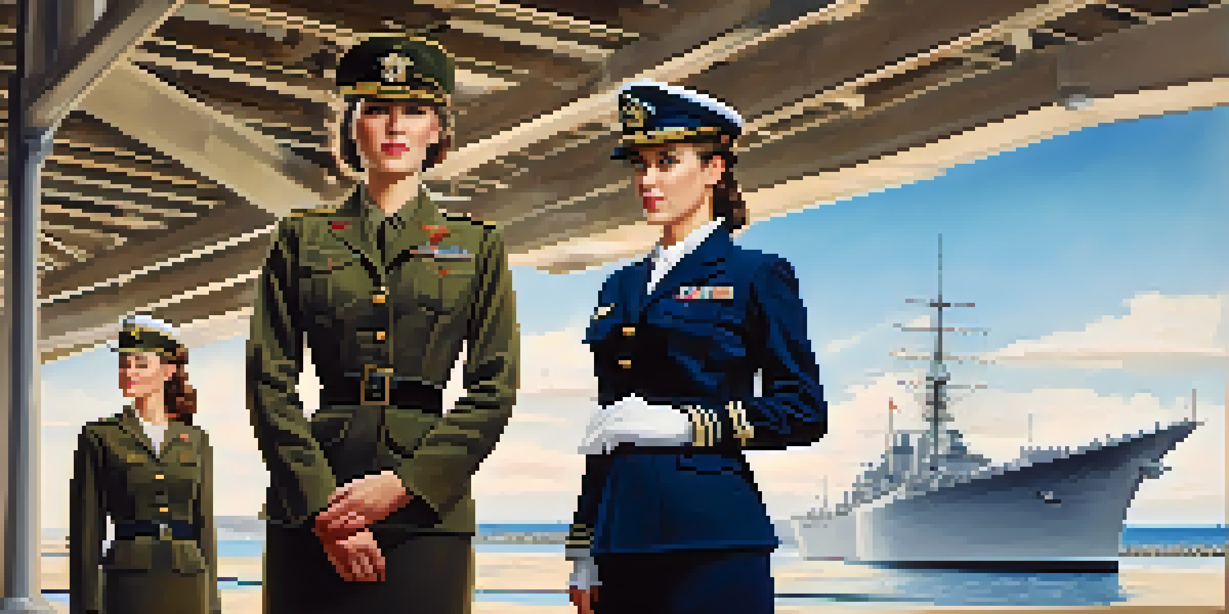 Women in military uniforms during World War II at a naval base in San Diego, engaged in training and camaraderie under a clear blue sky.