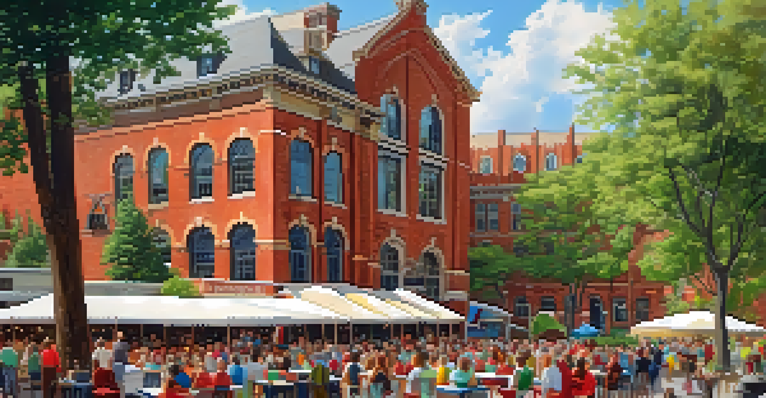 A community event in front of a historic building, showcasing people enjoying activities and local crafts.