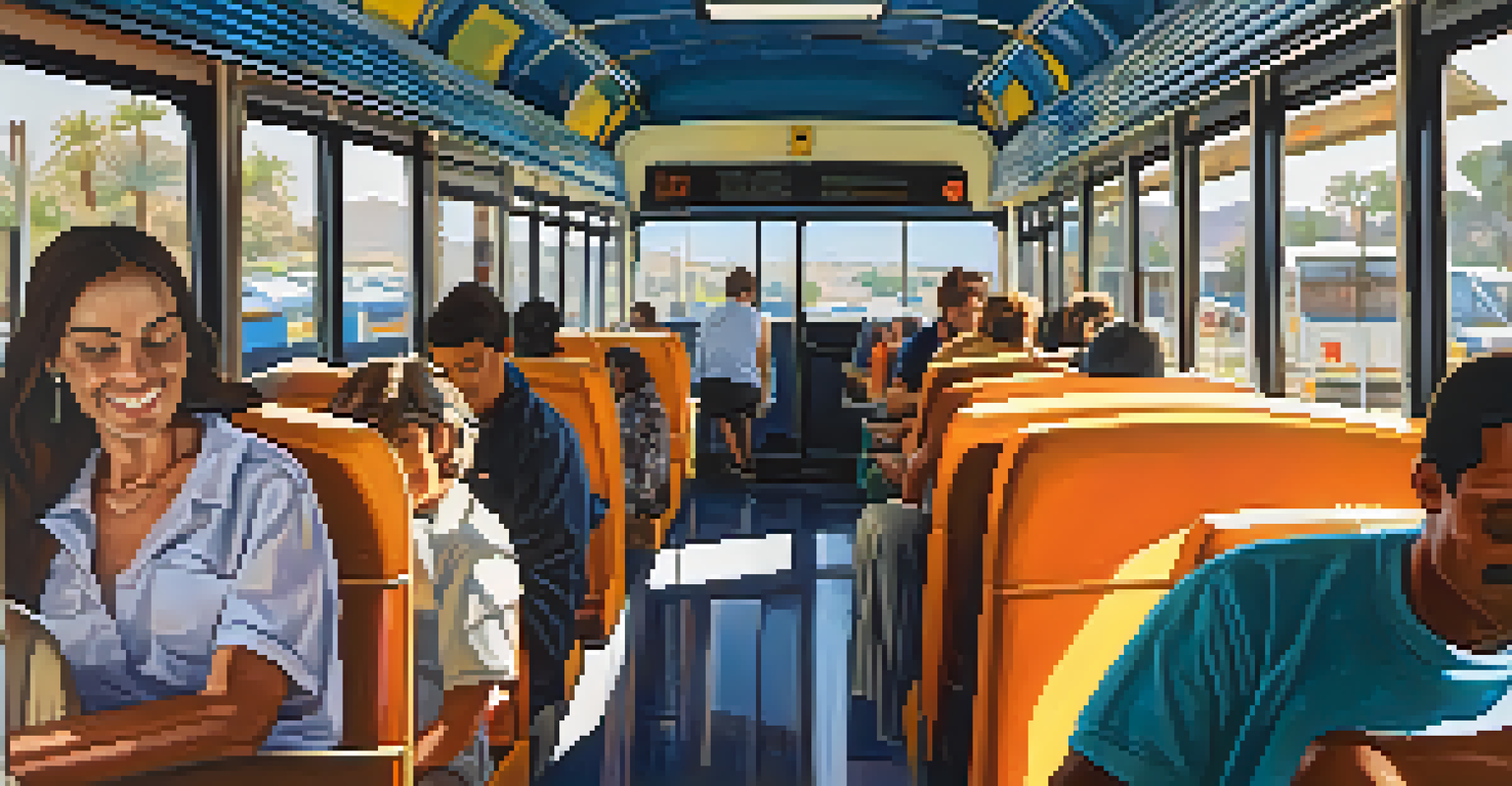 Inside a San Diego bus showing comfortable seating and sunlight streaming through large windows, with passengers reading.
