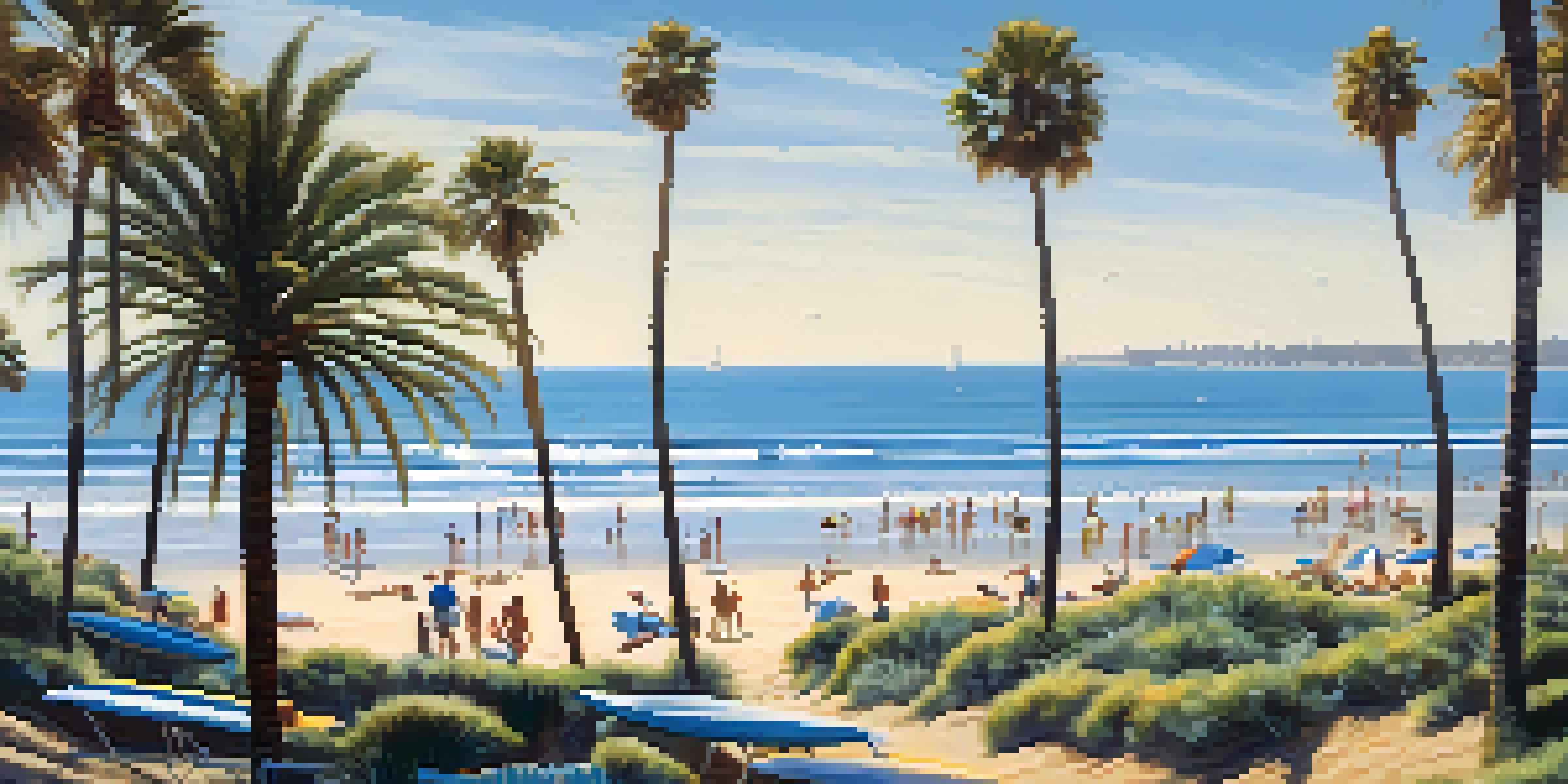 A sunny coastal scene in San Diego with the ocean, beach, sunbathers, and palm trees.