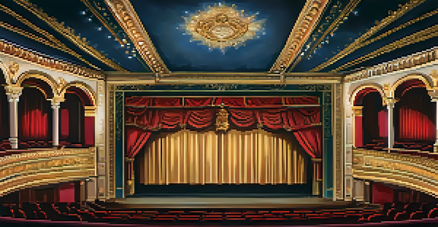 The interior of the Balboa Theatre highlighting the ornate proscenium arch and elegant chandeliers.