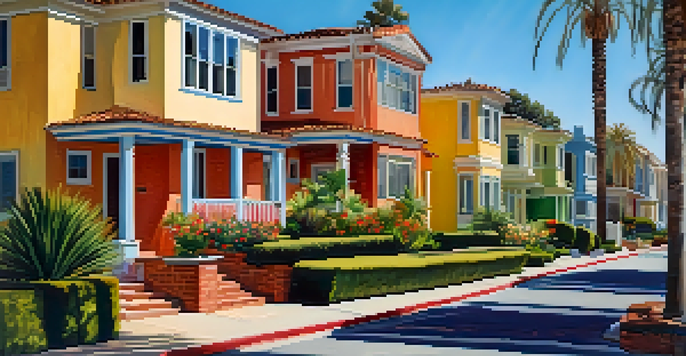 A vibrant residential neighborhood in San Diego with colorful houses, gardens, and palm trees under a clear blue sky.