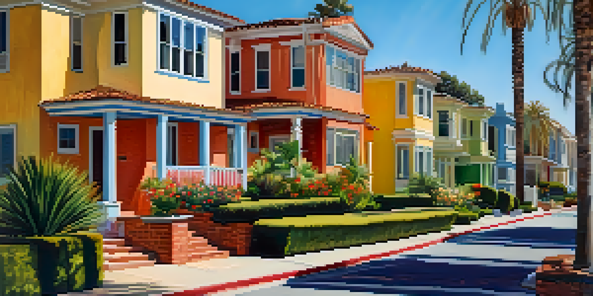 A vibrant residential neighborhood in San Diego with colorful houses, gardens, and palm trees under a clear blue sky.