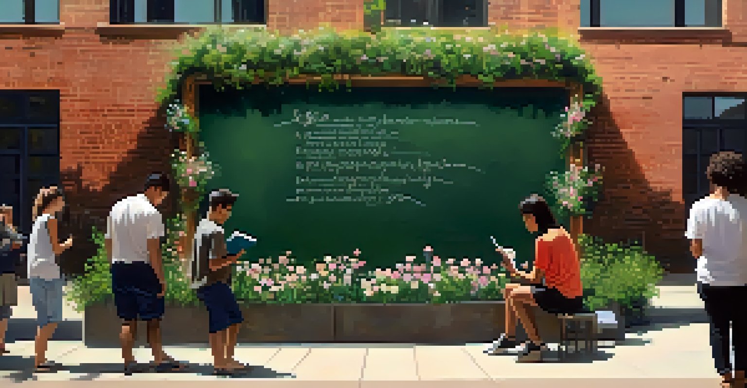 People writing their aspirations on a large chalkboard wall surrounded by flowers in a peaceful outdoor setting.