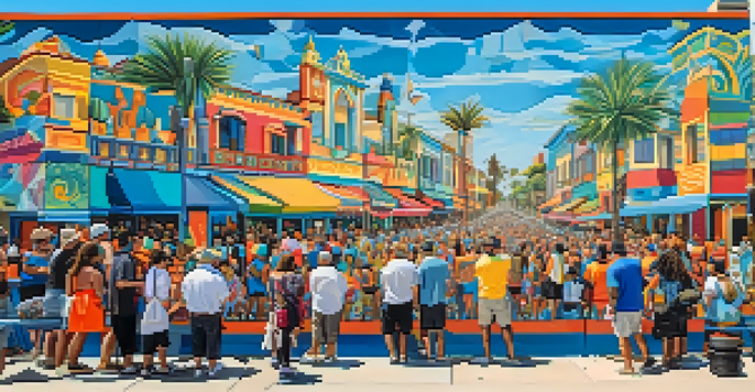A colorful street mural in San Diego with people admiring it under a clear blue sky.