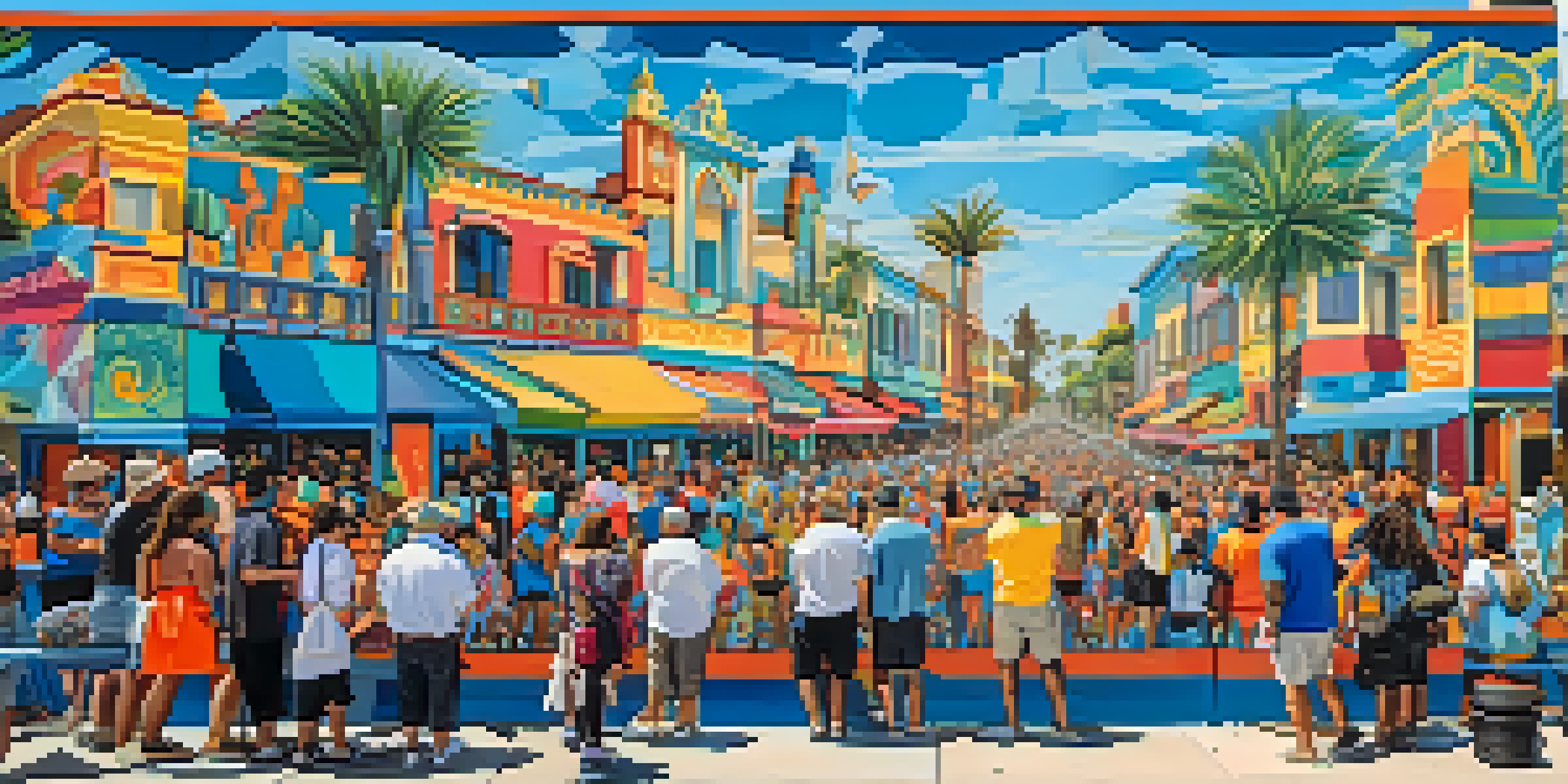 A colorful street mural in San Diego with people admiring it under a clear blue sky.