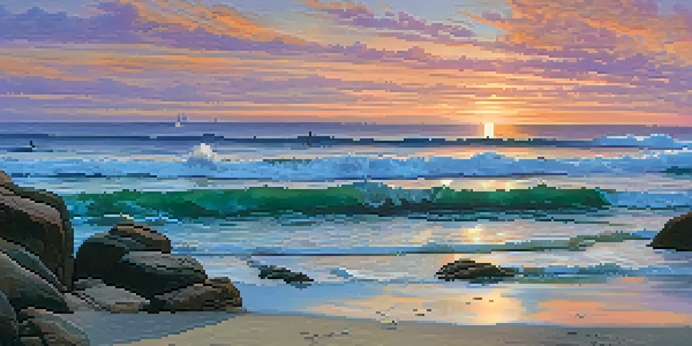 A colorful sunset over La Jolla Shores beach, featuring families and surfers enjoying the gentle waves, with sea lions on rocks and cliffs in the background.